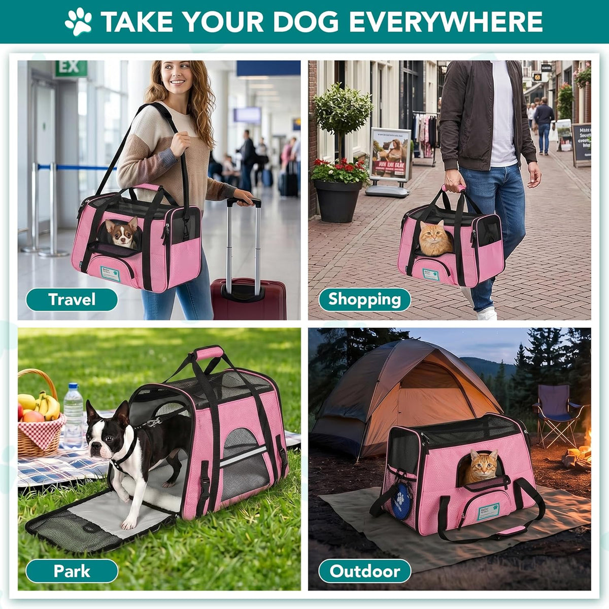 Airline Approved Pet Carrier for Cats & Small Dogs, Large, Pink | Soft Sided TSA Travel Bag, Sherpa Bed, Breathable Mesh Ventilation, Collapsible Bowl, Fits under Seat, up to 18 Lbs