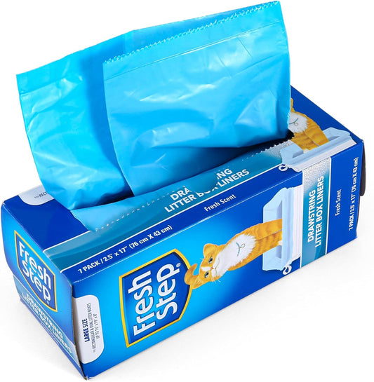 Drawstring Cat Litter Box Liners, Scented Heavy Duty Kitty Litter Bags for Large Oval or Rectangle Pans, Helps Contain Odor and Mess, Easy Lift Out Cleanup, 2.5 Ft X 17 In, 7 Count | Heavy-Duty Bags for Large Oval or Rectangle Pans, Drawstring Closure for