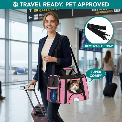 Airline Approved Pet Carrier for Cats & Small Dogs, Large, Pink | Soft Sided TSA Travel Bag, Sherpa Bed, Breathable Mesh Ventilation, Collapsible Bowl, Fits under Seat, up to 18 Lbs