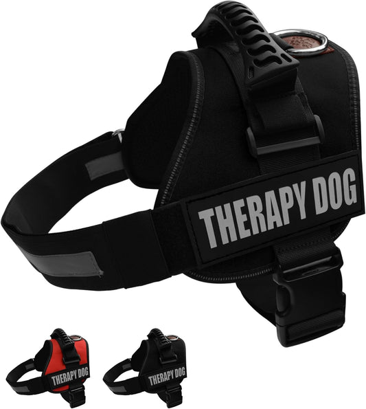 Reflective Therapy Dog Vest Harness with 2 Removable Patches, Adjustable Woven Nylon, for Therapy Visits and Volunteer Programs, Black, Extra Large
