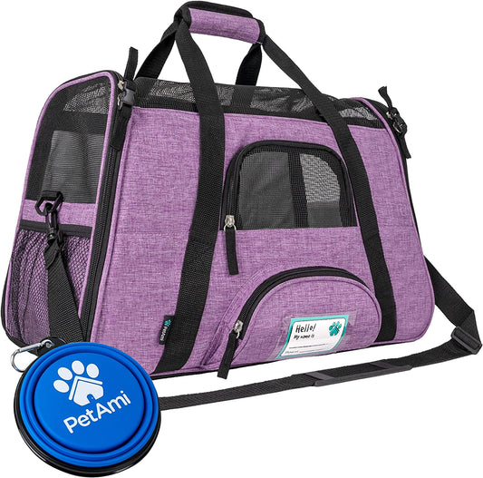 Airline Approved Pet Carrier Cats & Small Dogs, Large Heather Purple | Soft Sided TSA Travel Bag, Sherpa Bed, Breathable Mesh Ventilation, Collapsible Bowl, Fits under Seat, up to 18 Lbs