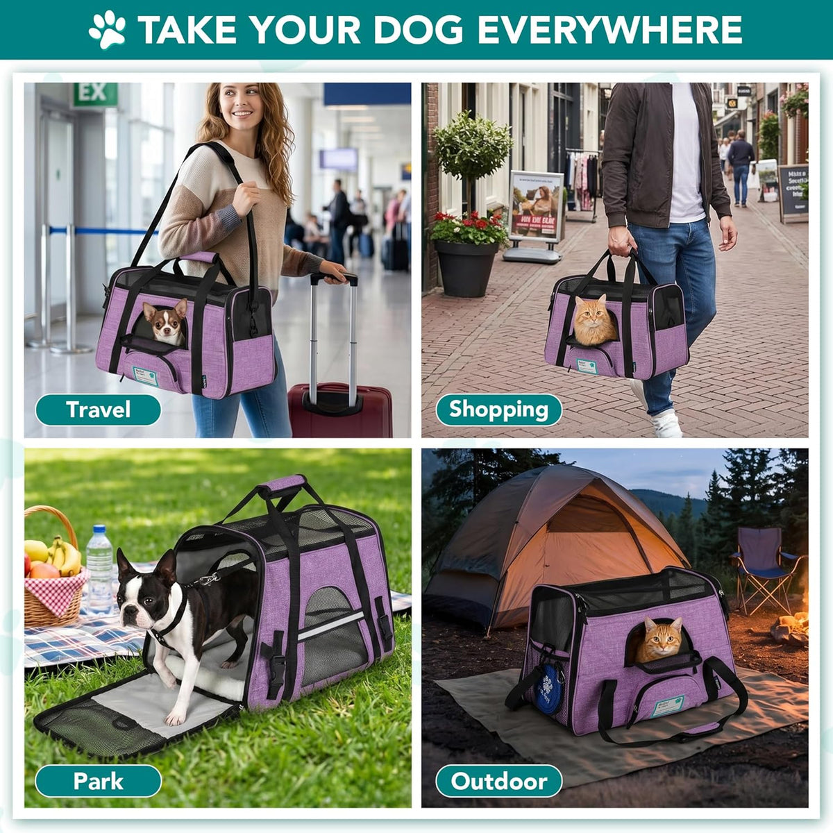 Airline Approved Pet Carrier Cats & Small Dogs, Large Heather Purple | Soft Sided TSA Travel Bag, Sherpa Bed, Breathable Mesh Ventilation, Collapsible Bowl, Fits under Seat, up to 18 Lbs