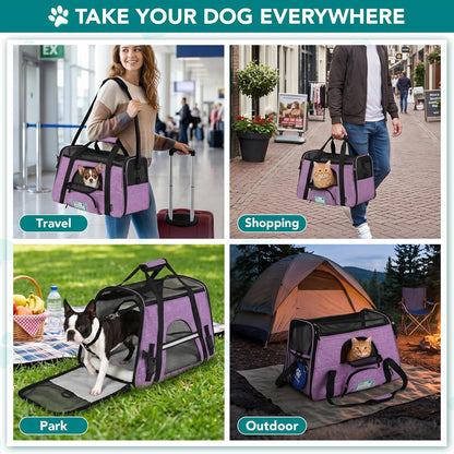 Airline Approved Pet Carrier Cats & Small Dogs, Large Heather Purple | Soft Sided TSA Travel Bag, Sherpa Bed, Breathable Mesh Ventilation, Collapsible Bowl, Fits under Seat, up to 18 Lbs