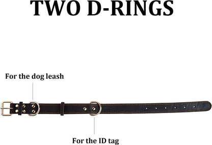Leather Dog Collar Genuine Brown for Medium Dogs（M:1" Wide 15.2-19.2" Neck） | All-Day Comfort for Daily Walks and Outdoor Trips, Sturdy Metal Buckle for Long-Term Use, D-Ring for Leash, Easy Clean