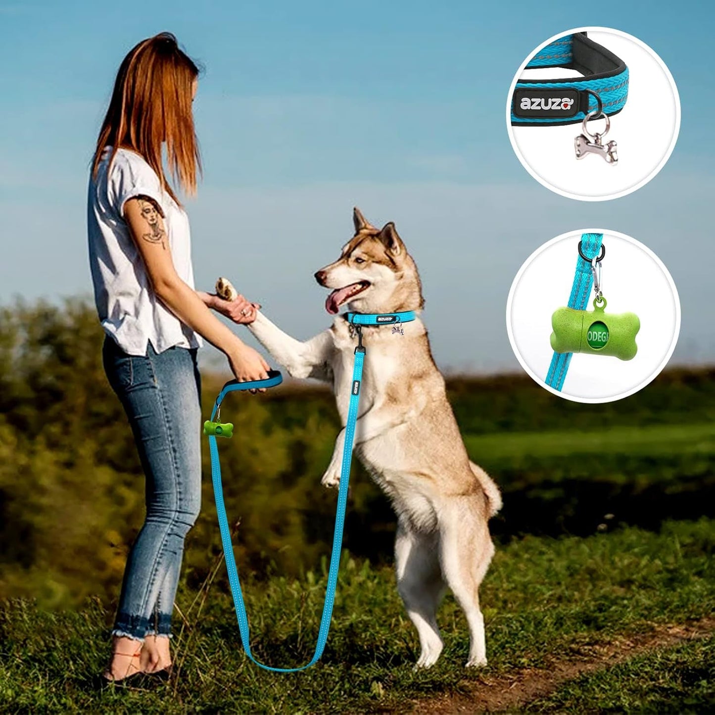 Durable Padded Dog Leash and Collar Set, with Airtag Holder and Reflective Strip, Extra Safe and Comfy for Medium Dogs,Blue