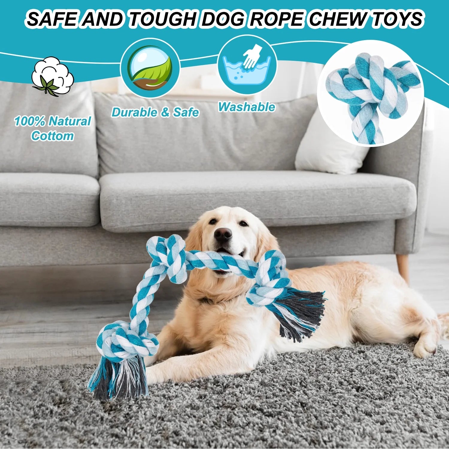 Durable Braided Cotton Dog Rope Toy with Three Knots - Ideal for Teeth Cleaning and Playtime (Blue)