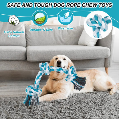 Durable Braided Cotton Dog Rope Toy with Three Knots - Ideal for Teeth Cleaning and Playtime (Blue)