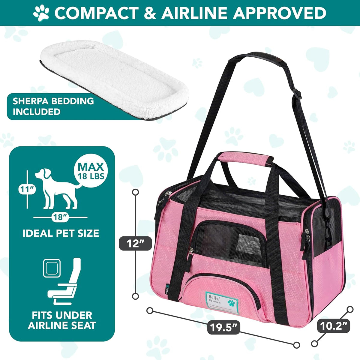 Airline Approved Pet Carrier for Cats & Small Dogs, Large, Pink | Soft Sided TSA Travel Bag, Sherpa Bed, Breathable Mesh Ventilation, Collapsible Bowl, Fits under Seat, up to 18 Lbs