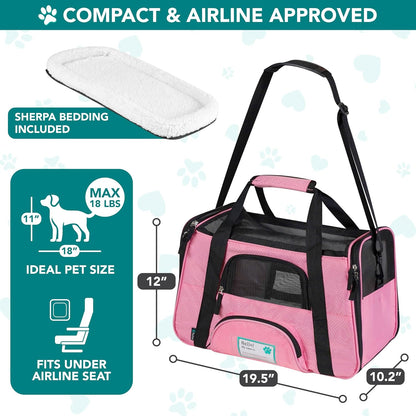 Airline Approved Pet Carrier for Cats & Small Dogs, Large, Pink | Soft Sided TSA Travel Bag, Sherpa Bed, Breathable Mesh Ventilation, Collapsible Bowl, Fits under Seat, up to 18 Lbs
