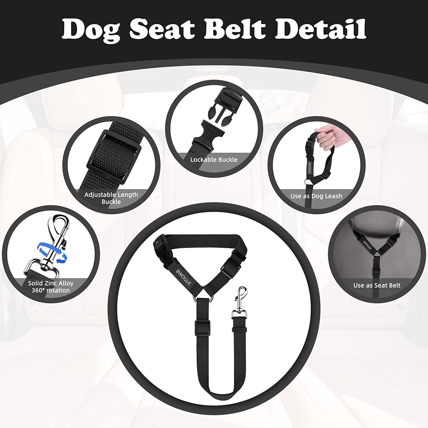 Dog Car Seat Belt with Headrest Restraint, Adjustable 18-30 inches, 2-in-1 Leash and Seat Belt for Dogs and Cats, Compatible with Dog Harness, Zinc Alloy Snap Closure