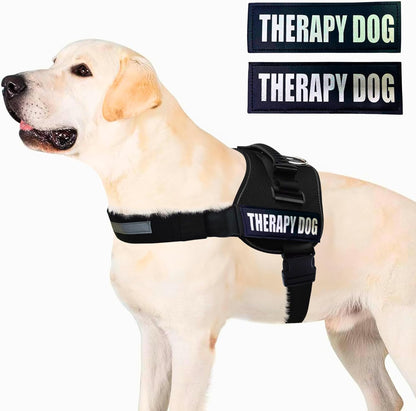 Reflective Therapy Dog Vest Harness with 2 Removable Patches, Adjustable Woven Nylon, for Therapy Visits and Volunteer Programs, Black, Extra Large