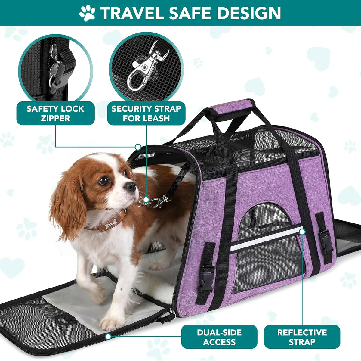 Airline Approved Pet Carrier Cats & Small Dogs, Large Heather Purple | Soft Sided TSA Travel Bag, Sherpa Bed, Breathable Mesh Ventilation, Collapsible Bowl, Fits under Seat, up to 18 Lbs