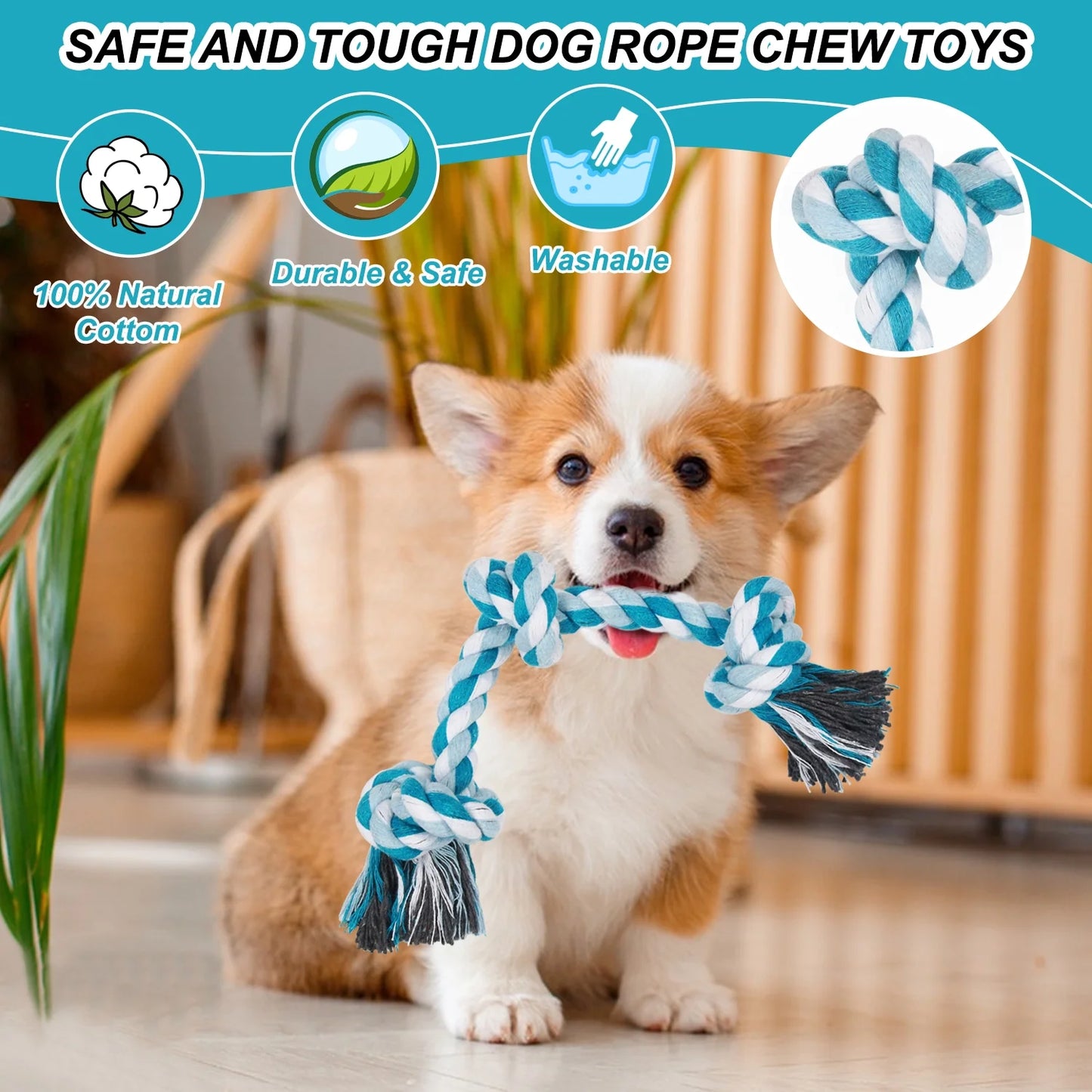Durable Braided Cotton Dog Rope Toy with Three Knots - Ideal for Teeth Cleaning and Playtime (Blue)