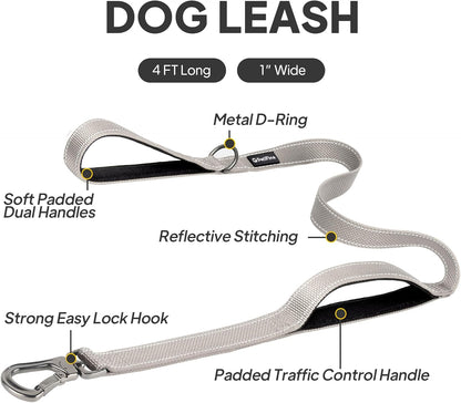 4FT Heavy Duty Dog Leash with Soft Padded Double Handle | Traffic Handle Extra Control,Auto Lock Hook,Reflective Nylon Walking Lead for Large,Medium,Small Breed Dogs
