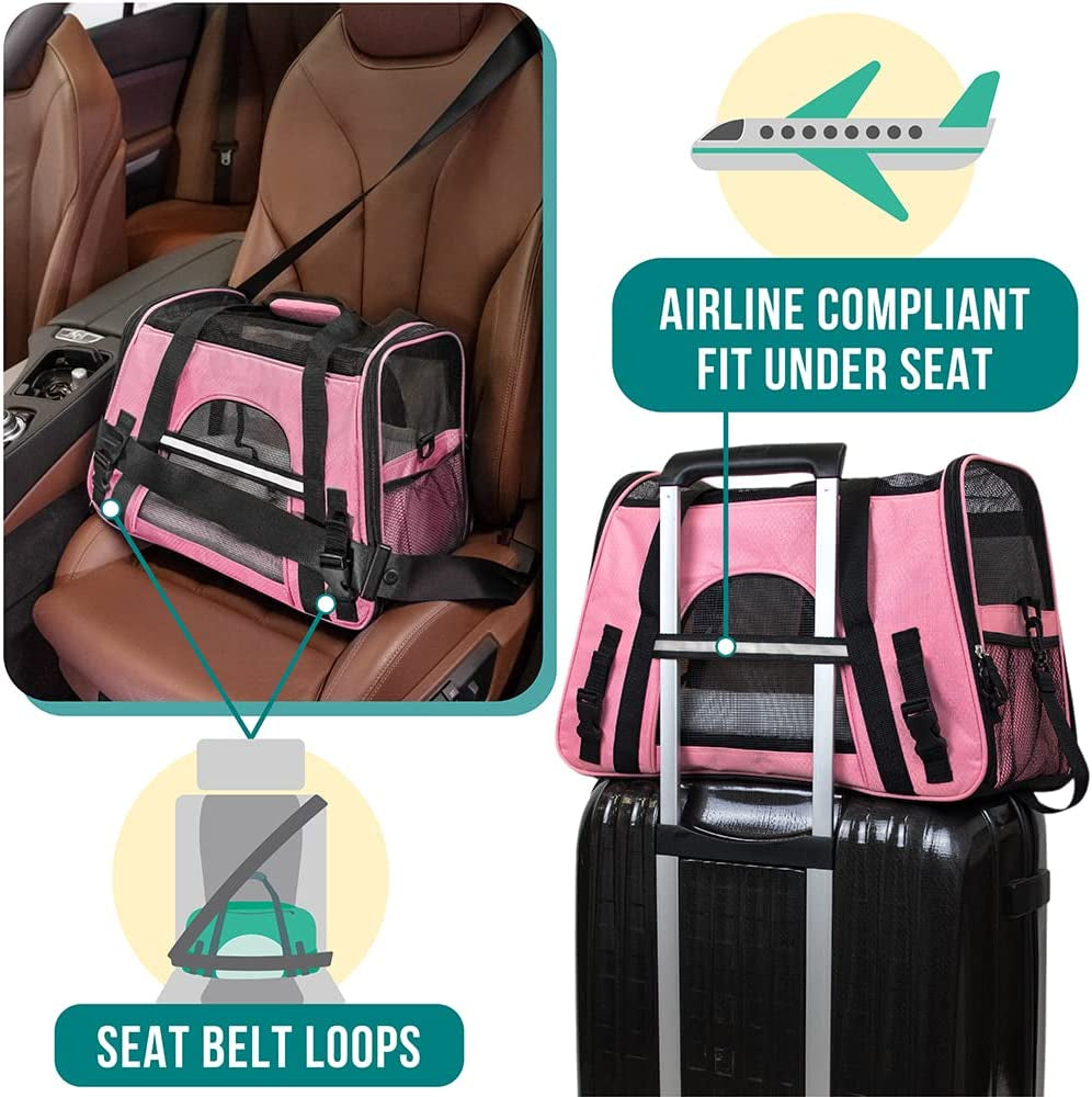 Airline Approved Pet Carrier for Cats & Small Dogs, Large, Pink | Soft Sided TSA Travel Bag, Sherpa Bed, Breathable Mesh Ventilation, Collapsible Bowl, Fits under Seat, up to 18 Lbs