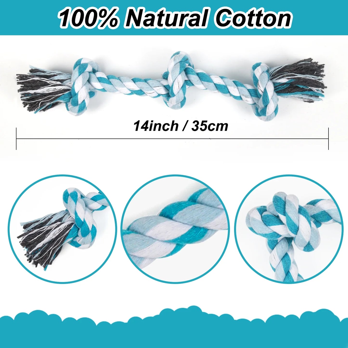 Durable Braided Cotton Dog Rope Toy with Three Knots - Ideal for Teeth Cleaning and Playtime (Blue)