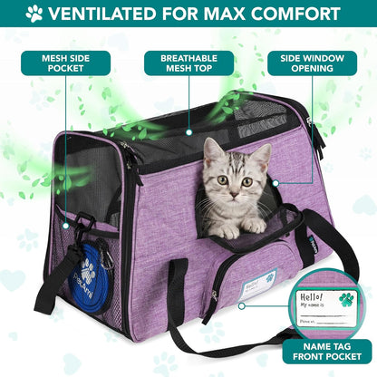 Airline Approved Pet Carrier Cats & Small Dogs, Large Heather Purple | Soft Sided TSA Travel Bag, Sherpa Bed, Breathable Mesh Ventilation, Collapsible Bowl, Fits under Seat, up to 18 Lbs