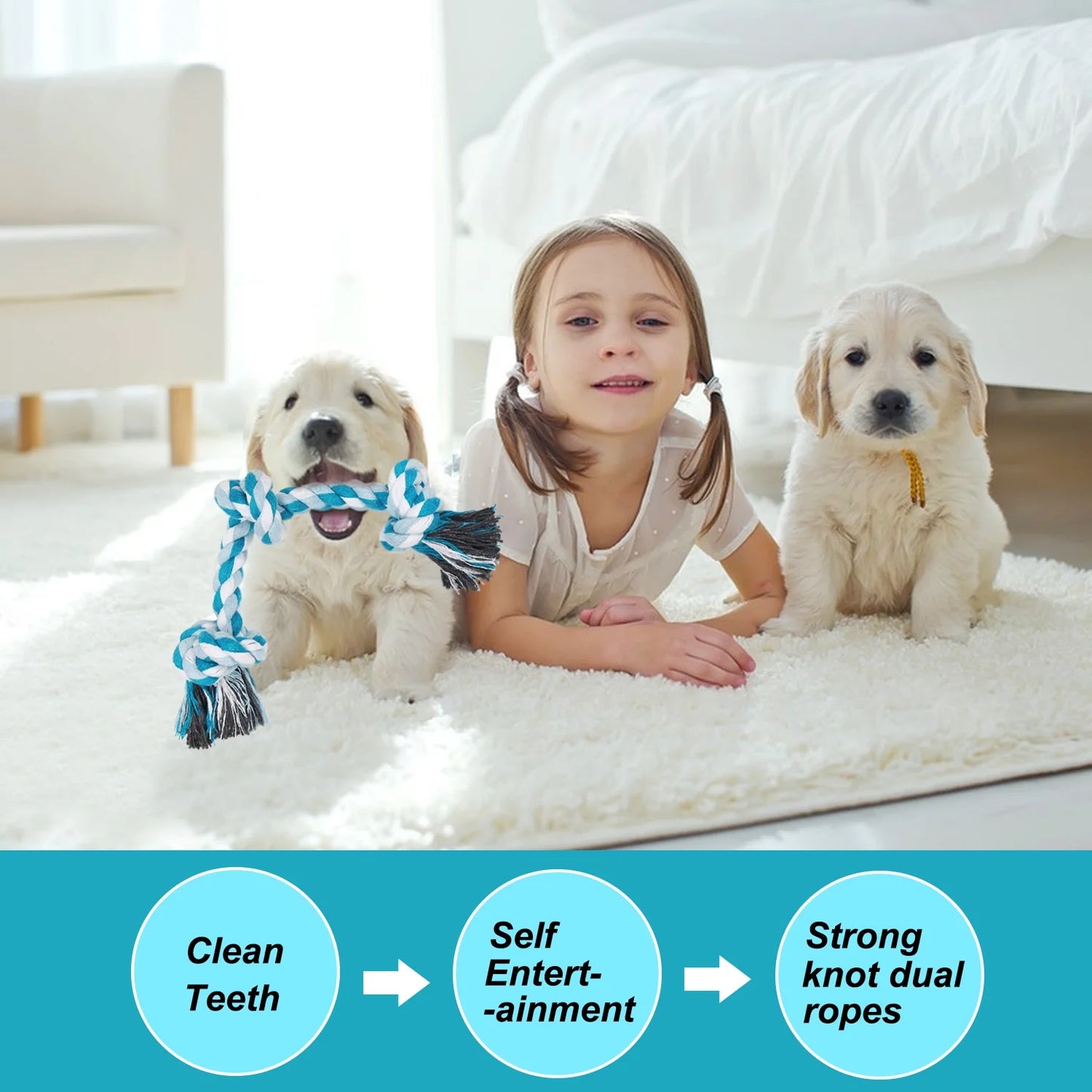 Durable Braided Cotton Dog Rope Toy with Three Knots - Ideal for Teeth Cleaning and Playtime (Blue)