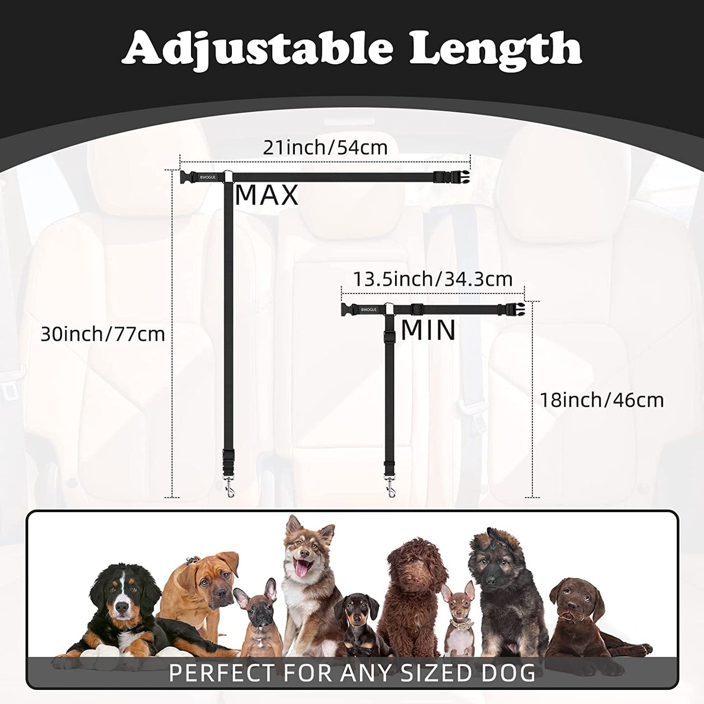 Dog Car Seat Belt with Headrest Restraint, Adjustable 18-30 inches, 2-in-1 Leash and Seat Belt for Dogs and Cats, Compatible with Dog Harness, Zinc Alloy Snap Closure