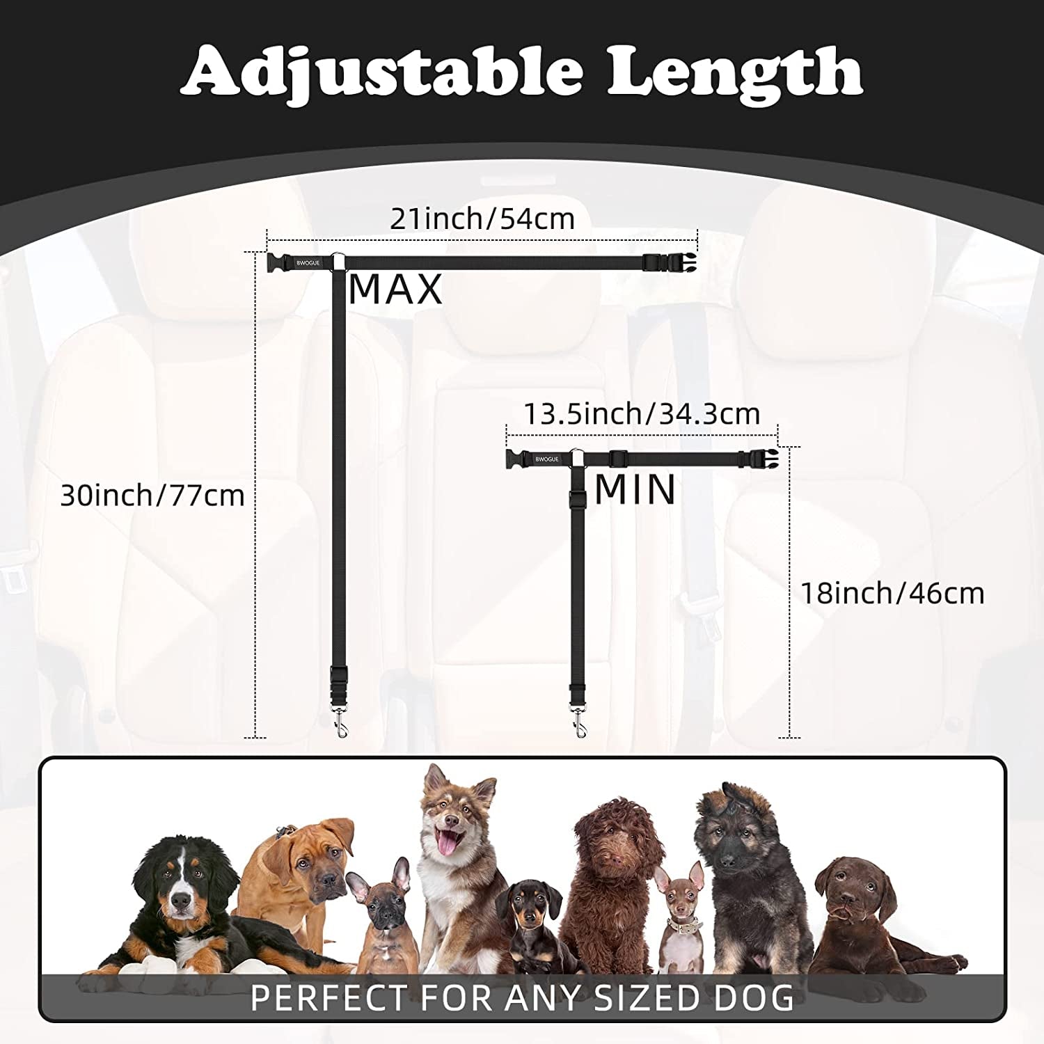 Dog Car Seat Belt with Headrest Restraint, Adjustable 18-30 inches, 2-in-1 Leash and Seat Belt for Dogs and Cats, Compatible with Dog Harness, Zinc Alloy Snap Closure