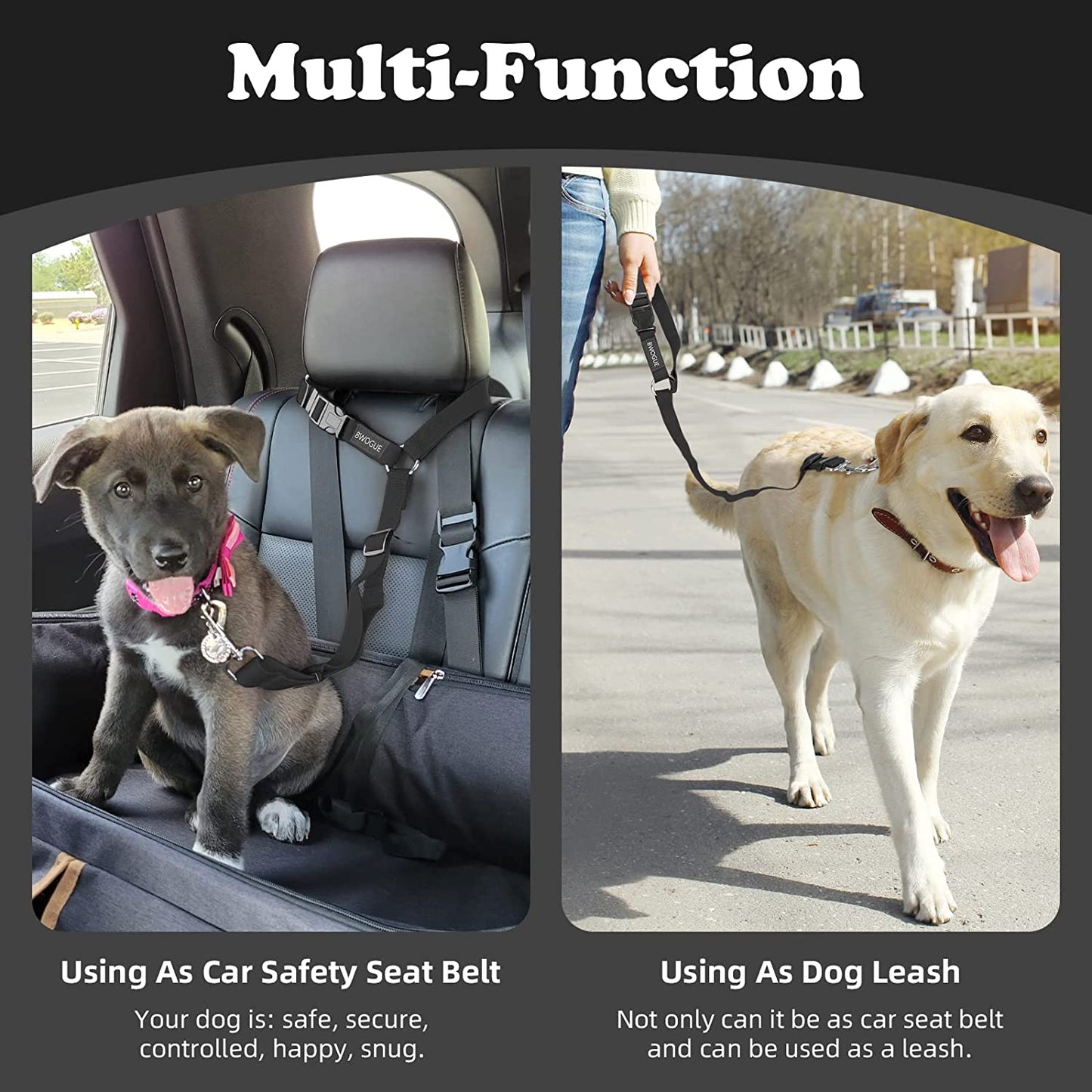 Dog Car Seat Belt with Headrest Restraint, Adjustable 18-30 inches, 2-in-1 Leash and Seat Belt for Dogs and Cats, Compatible with Dog Harness, Zinc Alloy Snap Closure
