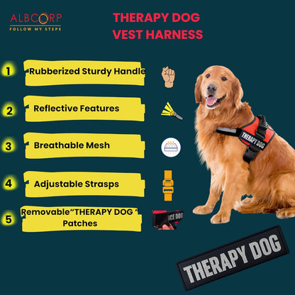 Reflective Therapy Dog Vest Harness with 2 Removable Patches, Adjustable Woven Nylon, for Therapy Visits and Volunteer Programs, Black, Extra Large