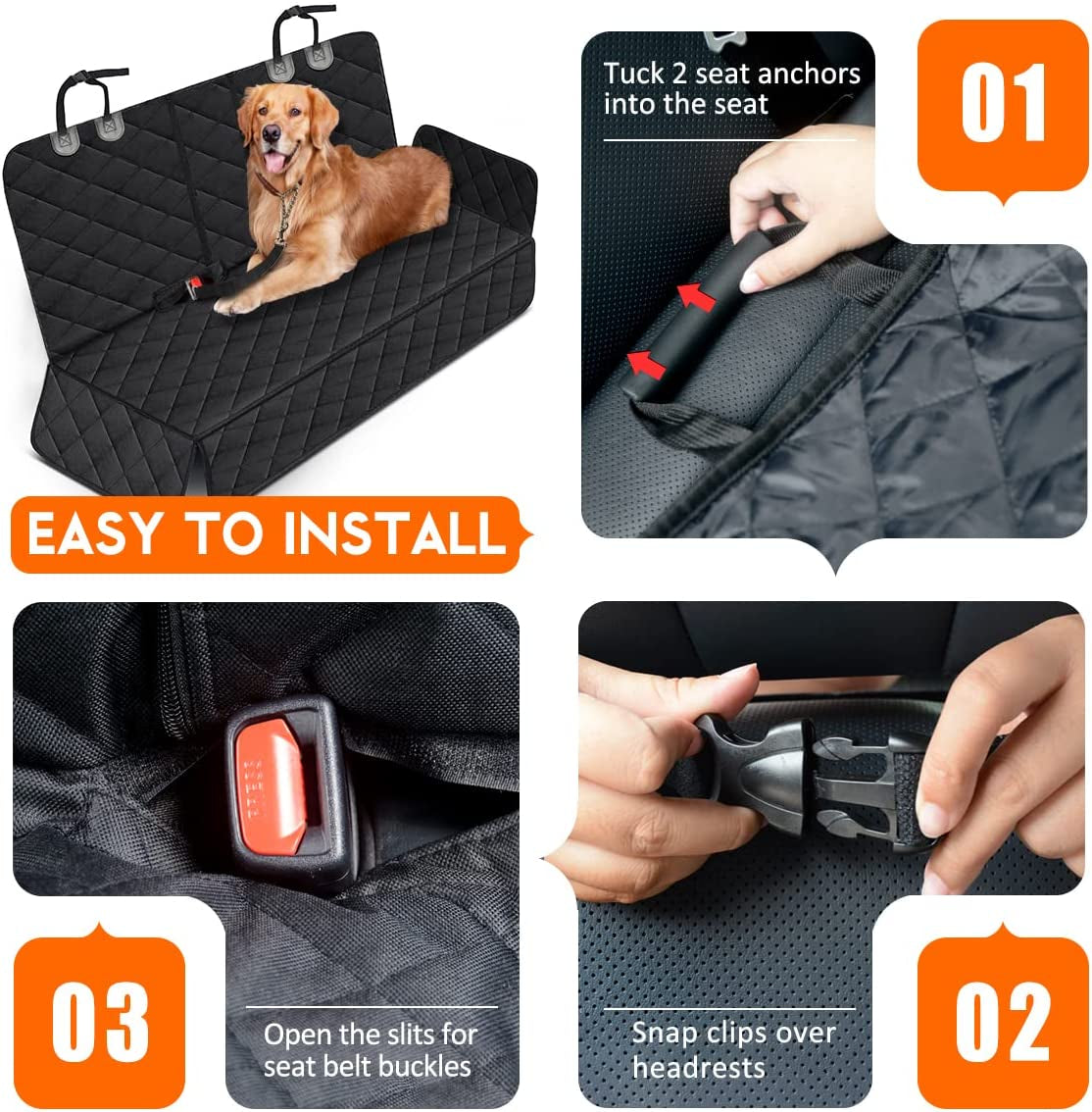 Dog Car Seat Cover - Waterproof and Durable Back Seat Protector for Pets, Fits Most Cars, SUVs, and Trucks (53” Width) - Black