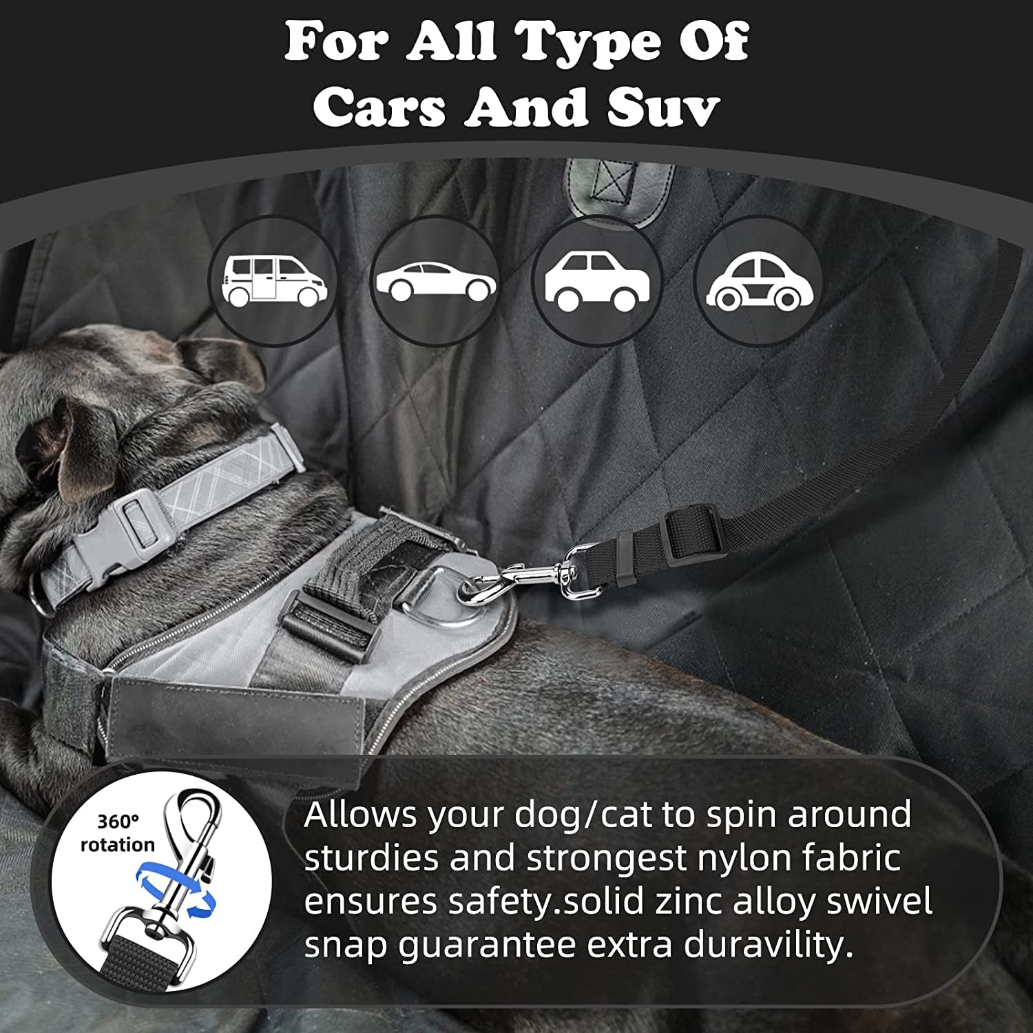 Dog Car Seat Belt with Headrest Restraint, Adjustable 18-30 inches, 2-in-1 Leash and Seat Belt for Dogs and Cats, Compatible with Dog Harness, Zinc Alloy Snap Closure