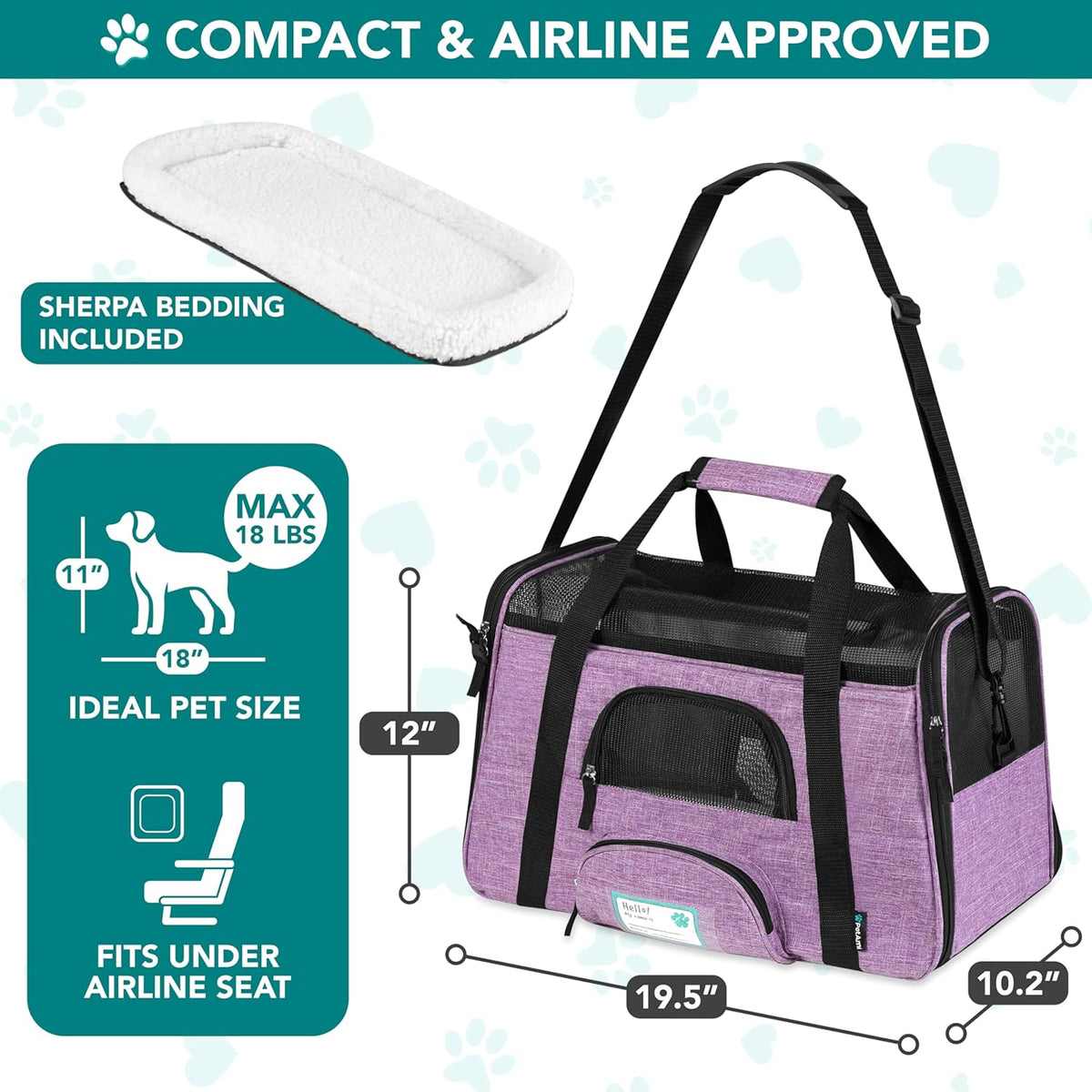 Airline Approved Pet Carrier Cats & Small Dogs, Large Heather Purple | Soft Sided TSA Travel Bag, Sherpa Bed, Breathable Mesh Ventilation, Collapsible Bowl, Fits under Seat, up to 18 Lbs