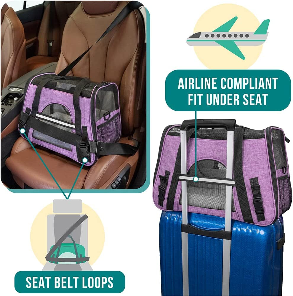 Airline Approved Pet Carrier Cats & Small Dogs, Large Heather Purple | Soft Sided TSA Travel Bag, Sherpa Bed, Breathable Mesh Ventilation, Collapsible Bowl, Fits under Seat, up to 18 Lbs