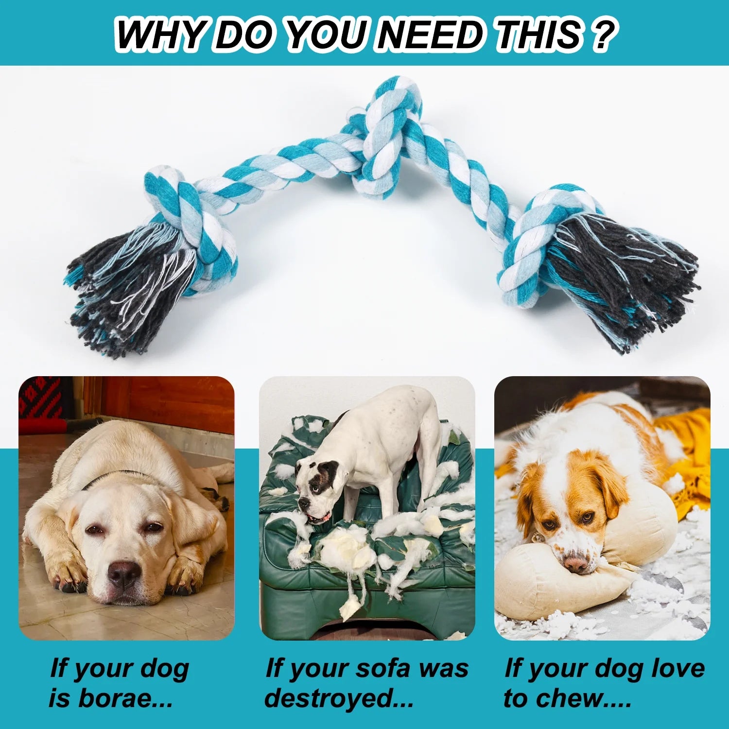 Durable Braided Cotton Dog Rope Toy with Three Knots - Ideal for Teeth Cleaning and Playtime (Blue)