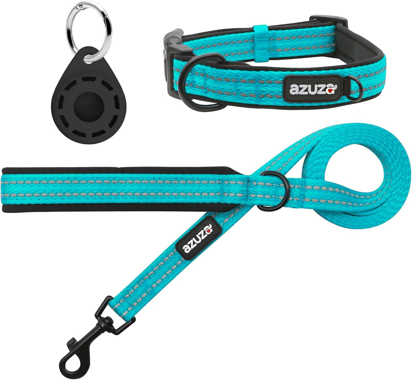 Durable Padded Dog Leash and Collar Set, with Airtag Holder and Reflective Strip, Extra Safe and Comfy for Medium Dogs,Blue