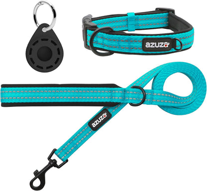 Durable Padded Dog Leash and Collar Set, with Airtag Holder and Reflective Strip, Extra Safe and Comfy for Medium Dogs,Blue