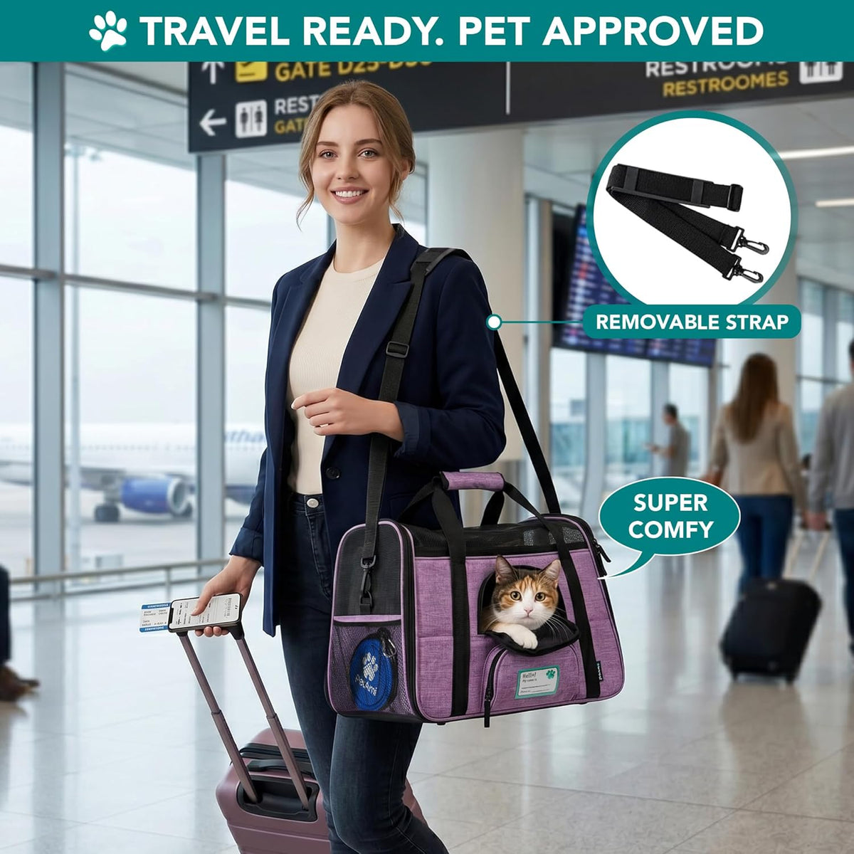 Airline Approved Pet Carrier Cats & Small Dogs, Large Heather Purple | Soft Sided TSA Travel Bag, Sherpa Bed, Breathable Mesh Ventilation, Collapsible Bowl, Fits under Seat, up to 18 Lbs