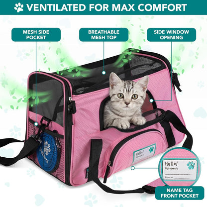 Airline Approved Pet Carrier for Cats & Small Dogs, Large, Pink | Soft Sided TSA Travel Bag, Sherpa Bed, Breathable Mesh Ventilation, Collapsible Bowl, Fits under Seat, up to 18 Lbs