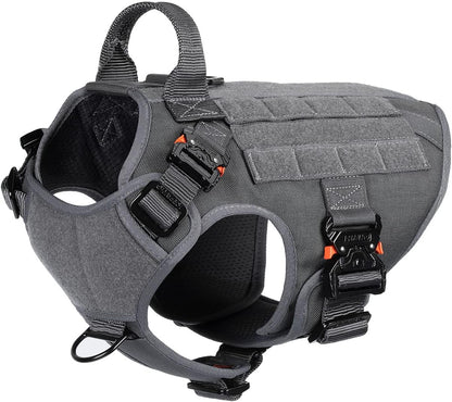 Tactical Dog Harness for Medium Dogs,Full Metal Buckles Dog Vest | with MOLLE, Reflective,Adjustable,2 Leash Clips,Control Handle,No Pull,Soft Padded,Grey,Medium