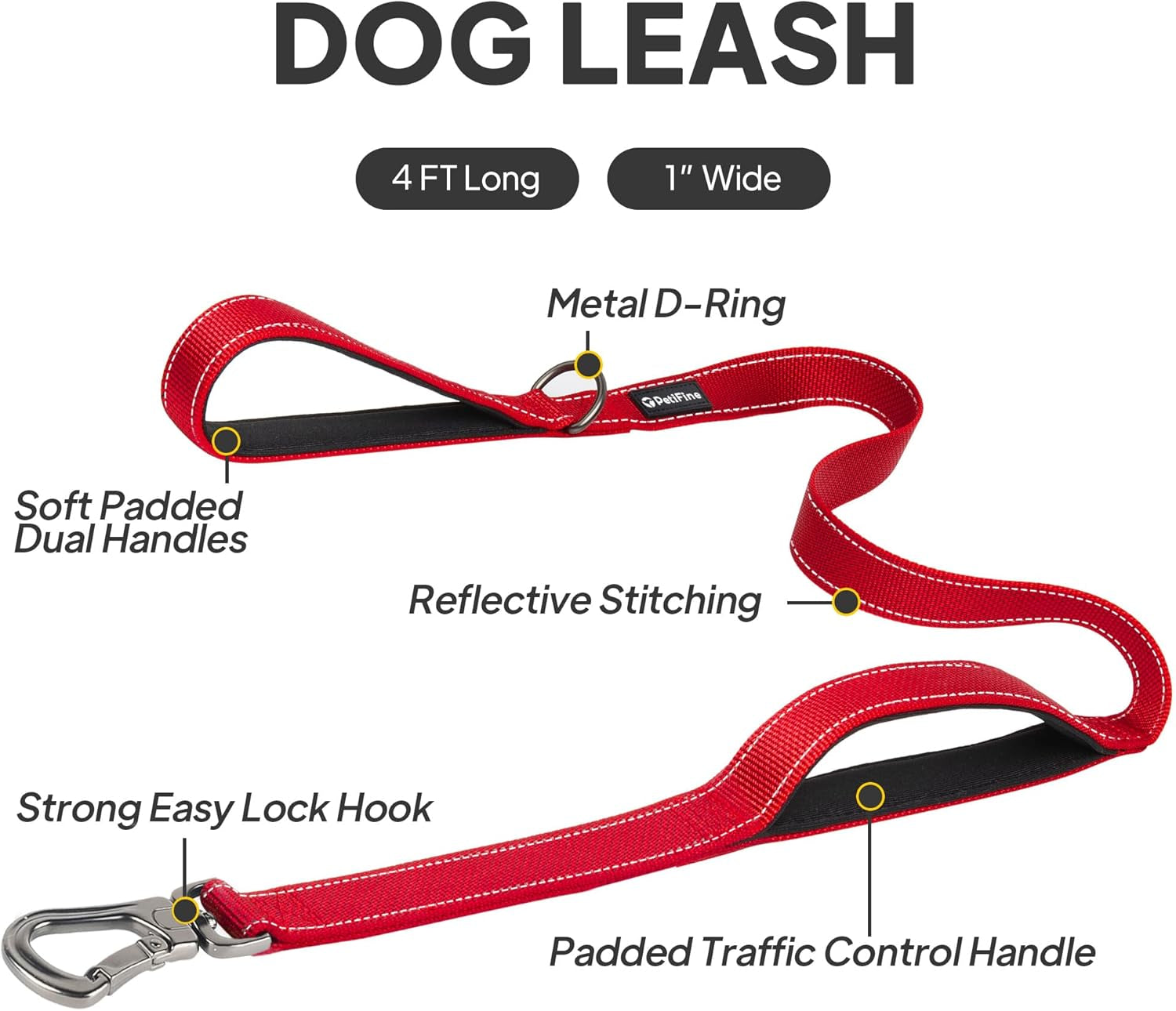 4FT Heavy Duty Dog Leash with Soft Padded Double Handle | Traffic Handle Extra Control,Auto Lock Hook,Reflective Nylon Walking Lead for Large,Medium,Small Breed Dogs