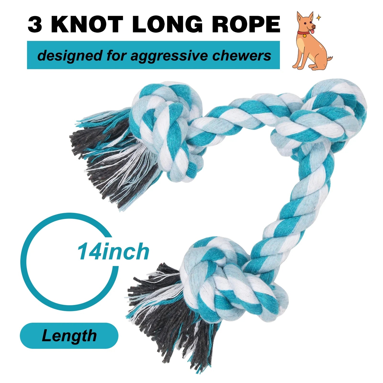 Durable Braided Cotton Dog Rope Toy with Three Knots - Ideal for Teeth Cleaning and Playtime (Blue)