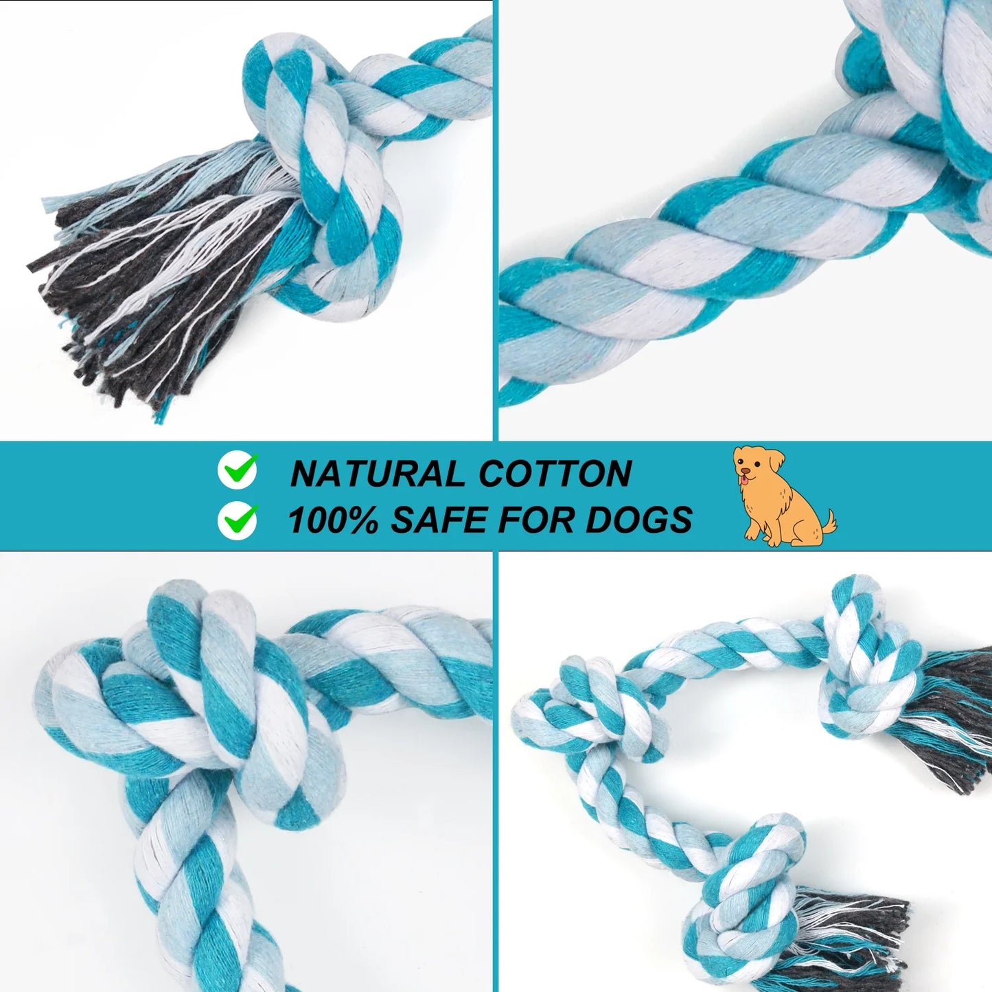 Durable Braided Cotton Dog Rope Toy with Three Knots - Ideal for Teeth Cleaning and Playtime (Blue)