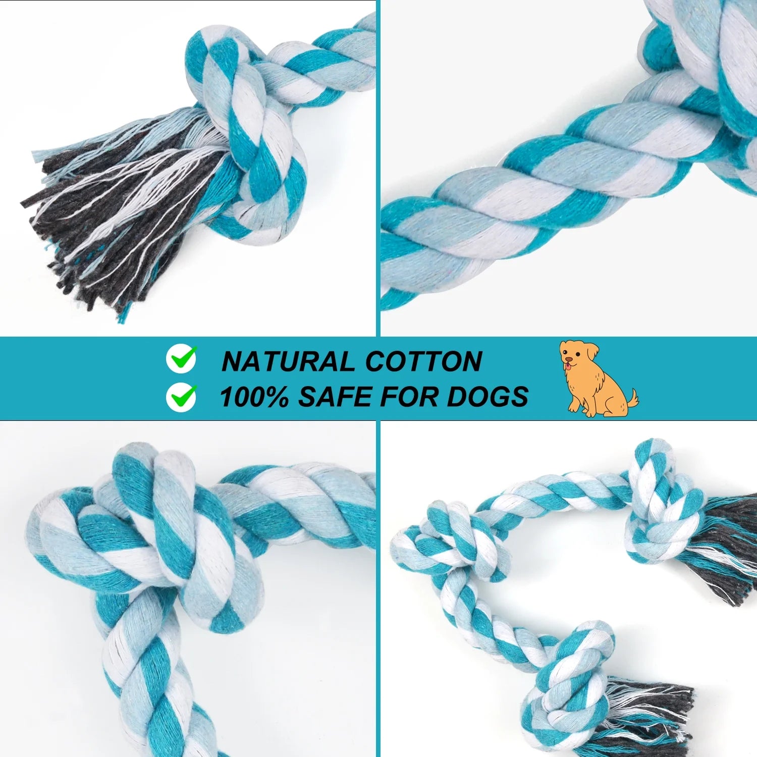 Durable Braided Cotton Dog Rope Toy with Three Knots - Ideal for Teeth Cleaning and Playtime (Blue)